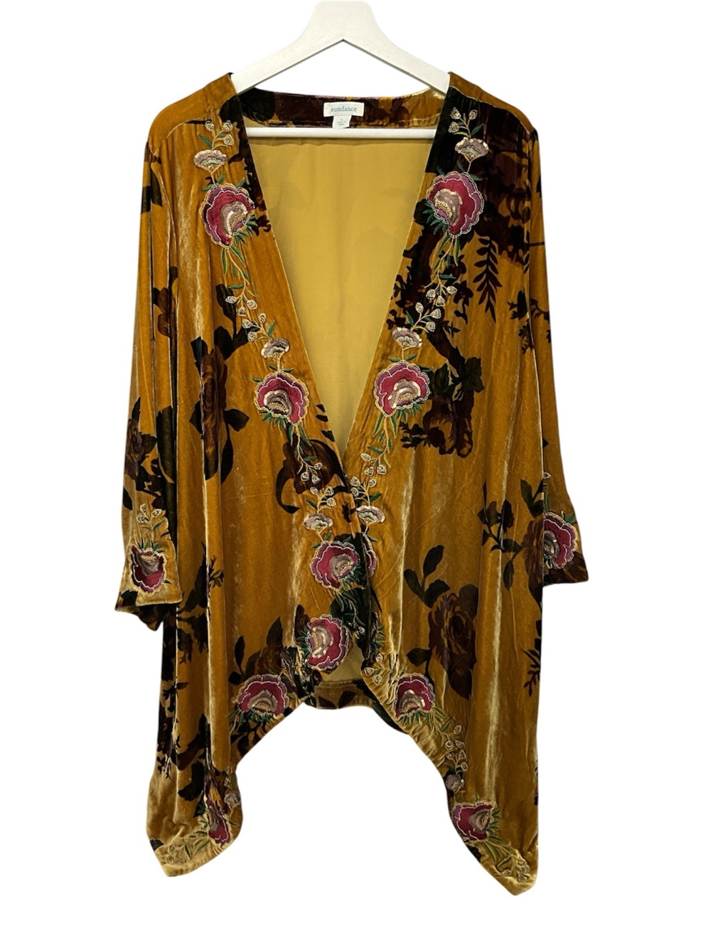 Sundance Gold Velvet Floral Embroidered Kimono Jacket Boho Open Cardigan L